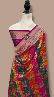 Multicolor Pure Katan Silk Banarasi Handloom Saree - All over Jaal Work With Rangkart - The Handlooms