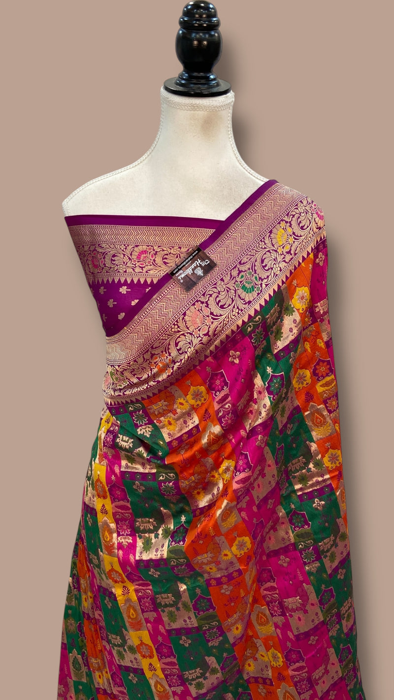 Multicolor Pure Katan Silk Banarasi Handloom Saree - All over Jaal Work With Rangkart - The Handlooms
