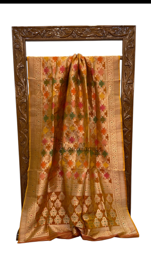 Multicolor Pure Katan Silk Banarasi Handloom Saree - All over Jaal Work With Rangkart - The Handlooms