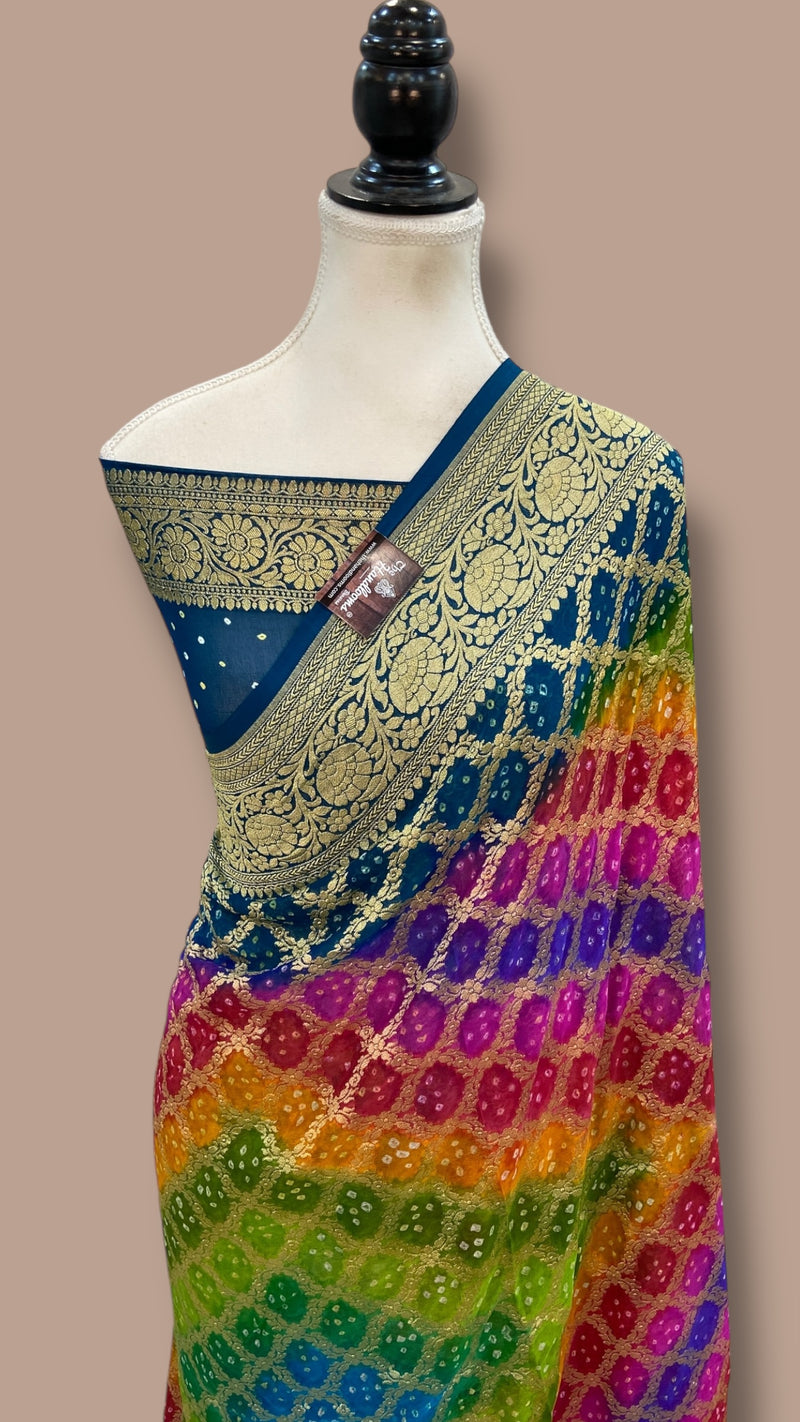 Pure Georgette Banarasi Bandhej Handloom Saree Multicolor - The Handlooms