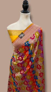 Multicolor Pure Katan Silk Banarasi Handloom Saree - All over Jaal Work With Rangkart - The Handlooms