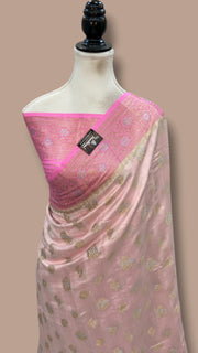 Light Pink Pure Chiniya Silk Handloom Banarasi Saree - The Handlooms