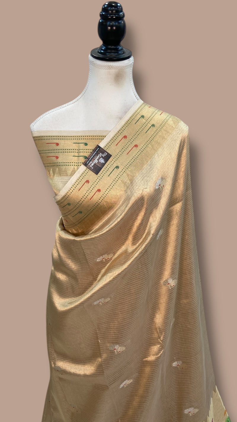 Pure Kora Tissue Handloom Banarasi Saree - Paithani Border - The Handlooms