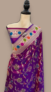 Purple Pure Katan Silk Banarasi Handloom Saree - All over Jaal work with Meenakari - The Handlooms