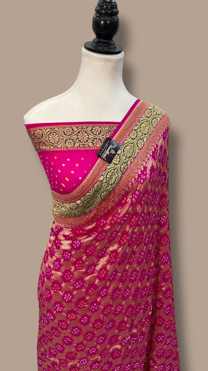 Pure Georgette Banarasi Bandhej Handloom Saree - with meenakari work - The Handlooms