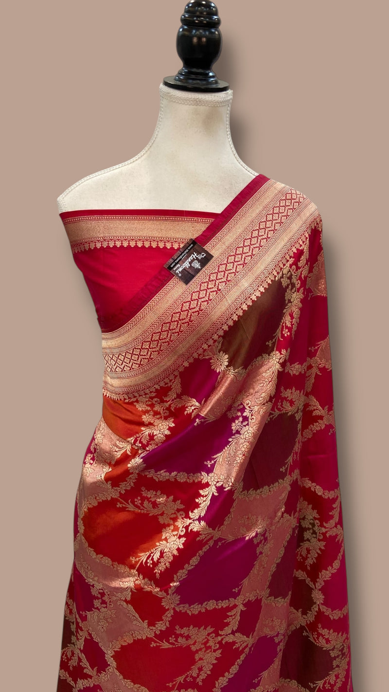 Multicolor Pure Katan Silk Banarasi Handloom Saree - All over Jaal Work With Rangkart - The Handlooms