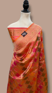 Multicolor Pure Katan Silk Banarasi Handloom Saree - All over Jaal Work With Rangkart - The Handlooms