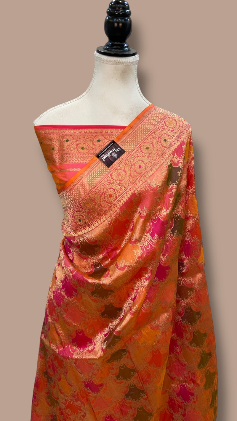 Multicolor Pure Katan Silk Banarasi Handloom Saree - All over Jaal Work With Rangkart - The Handlooms