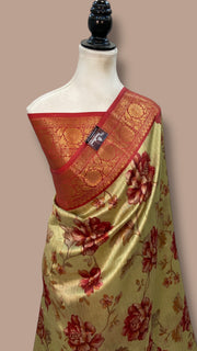 Pure Mango Silk Banarasi Handlokom Saree With Digital Print - The Handlooms