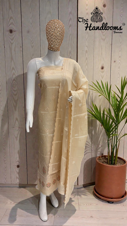 Pure Tussar Chikankari Handloom Banarasi Dress Material - The Handlooms