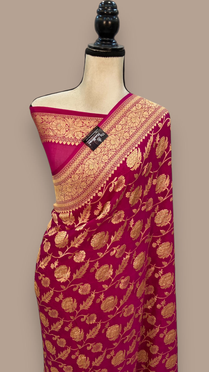 Magenta Pink Pure Khaddi Georgette Handloom Banarasi Saree - The Handlooms