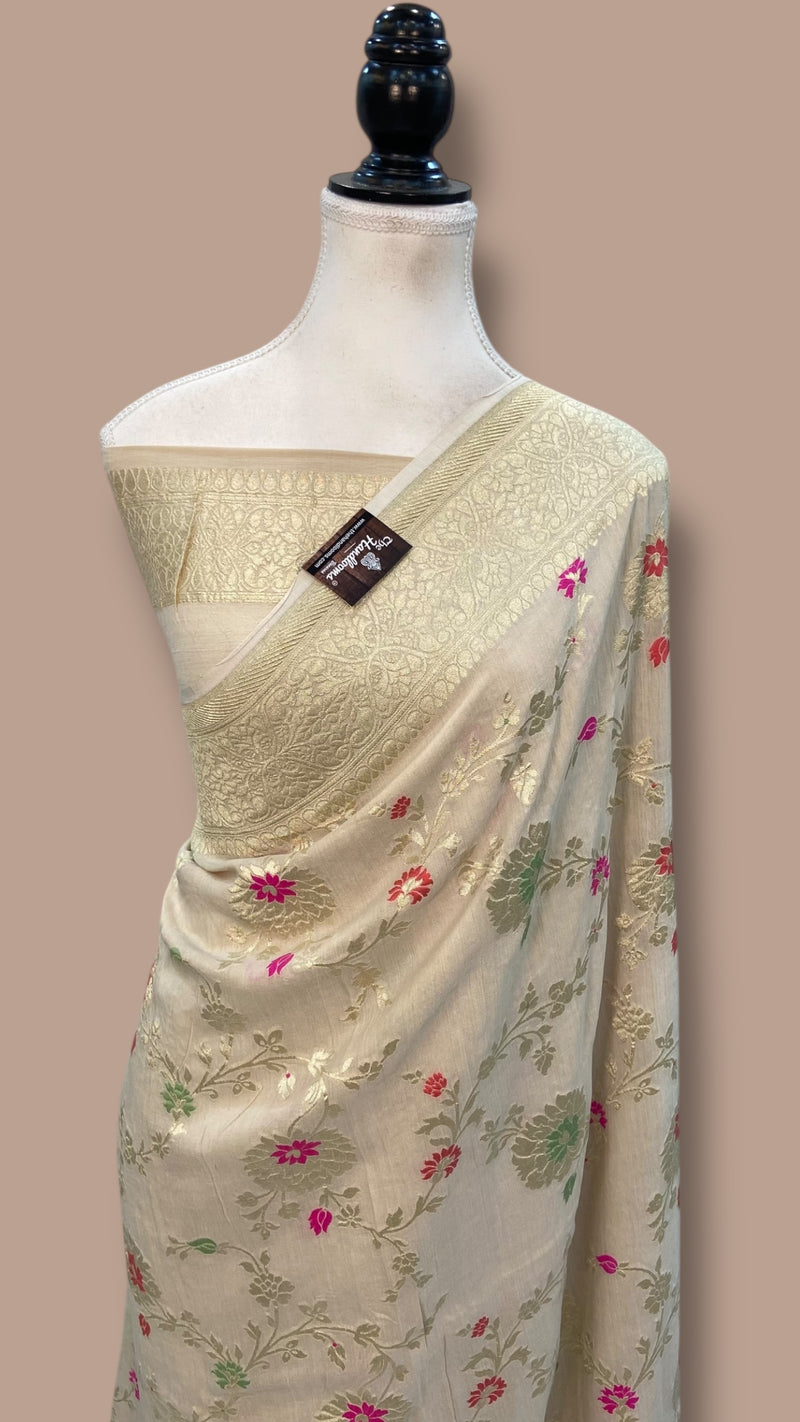 Pure Tussar Georgette Handloom Banarasi Saree - All over Jaal Work with meenakari - The Handlooms