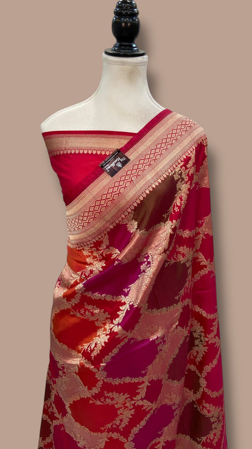 Multicolor Pure Katan Silk Banarasi Handloom Saree - All over Jaal Work With Rangkart - The Handlooms