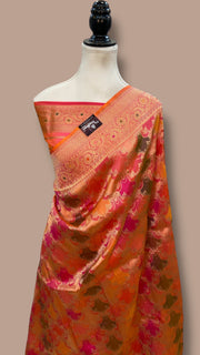Multicolor Pure Katan Silk Banarasi Handloom Saree - All over Jaal Work With Rangkart - The Handlooms