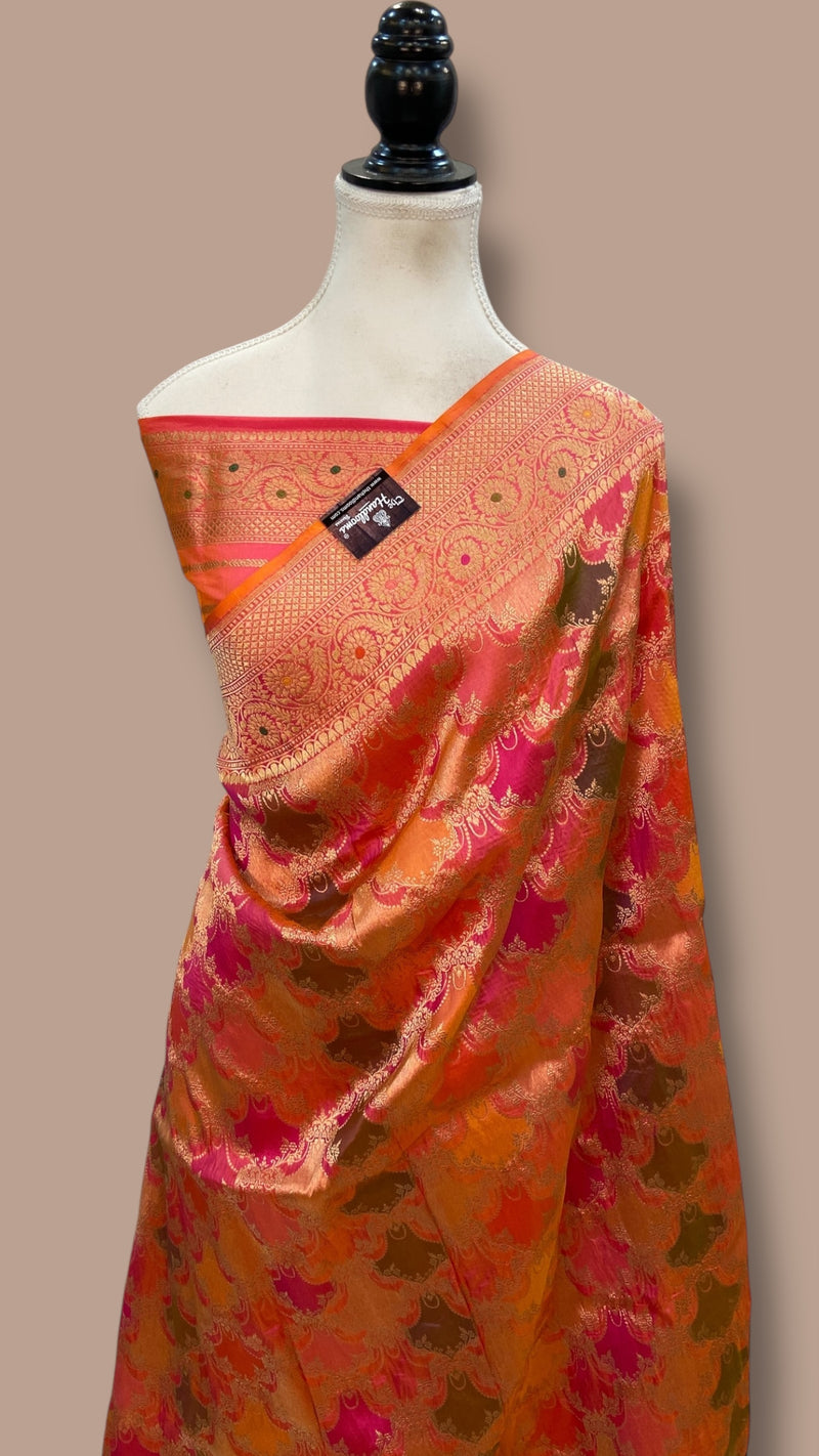 Multicolor Pure Katan Silk Banarasi Handloom Saree - All over Jaal Work With Rangkart - The Handlooms