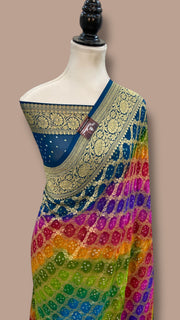 Pure Georgette Banarasi Bandhej Handloom Saree Multicolor - The Handlooms