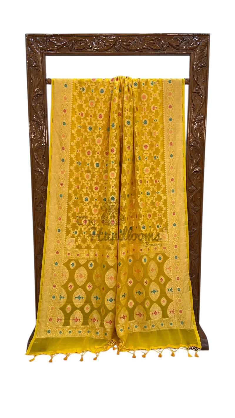 Pure Khaddi Georgette Banarasi Handloom Saree - Gold Zari With Meenakari