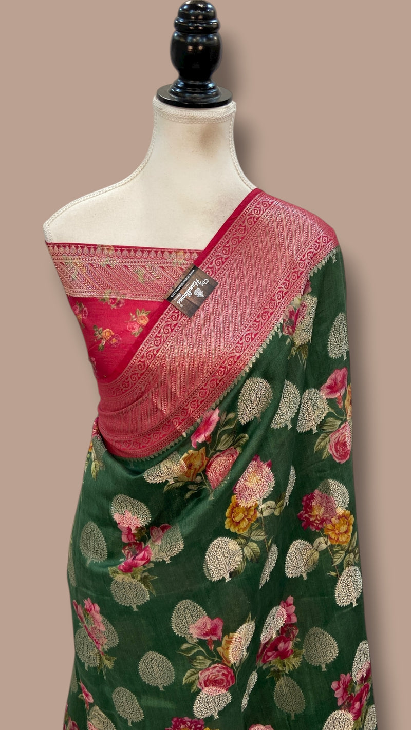 Pure Chiniya Silk Handloom Banarasi Saree Digital Print - The Handlooms