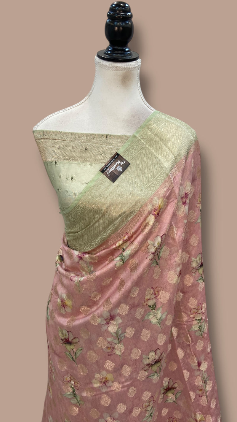 Pure Chiniya Silk Handloom Banarasi Saree Digital Print - The Handlooms