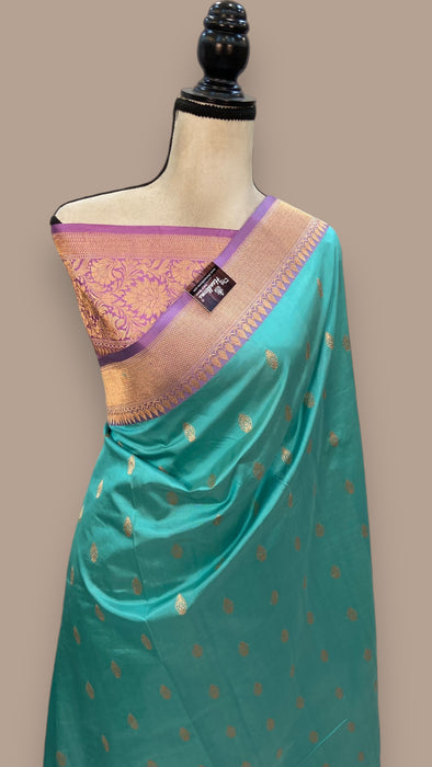 Turquoise Pure Katan Silk Banarasi Handloom Saree - All over Kadua motifs