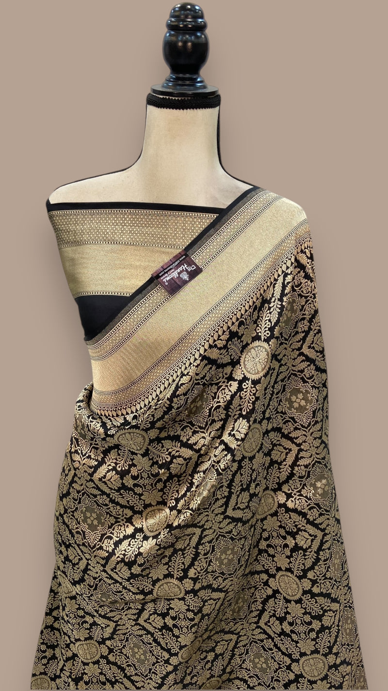 Regal Black  Pure Katan Silk Banarasi Saree – Handwoven Tanchui Brocade - The Handlooms