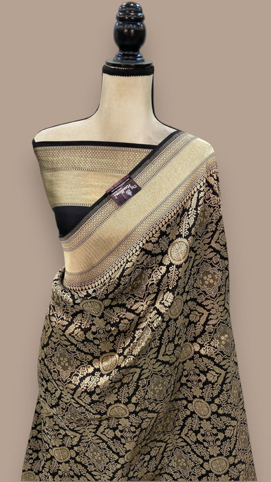 Black Pure Katan Silk Banarasi Handloom Saree - Tanchui Brocade