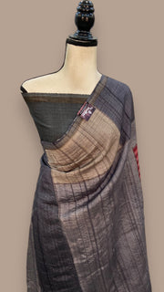 Pure Tussar Silk Handloom Banarasi Saree With Handprints - The Handlooms