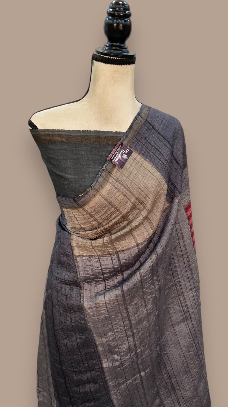 Pure Tussar Silk Handloom Banarasi Saree With Handprints - The Handlooms