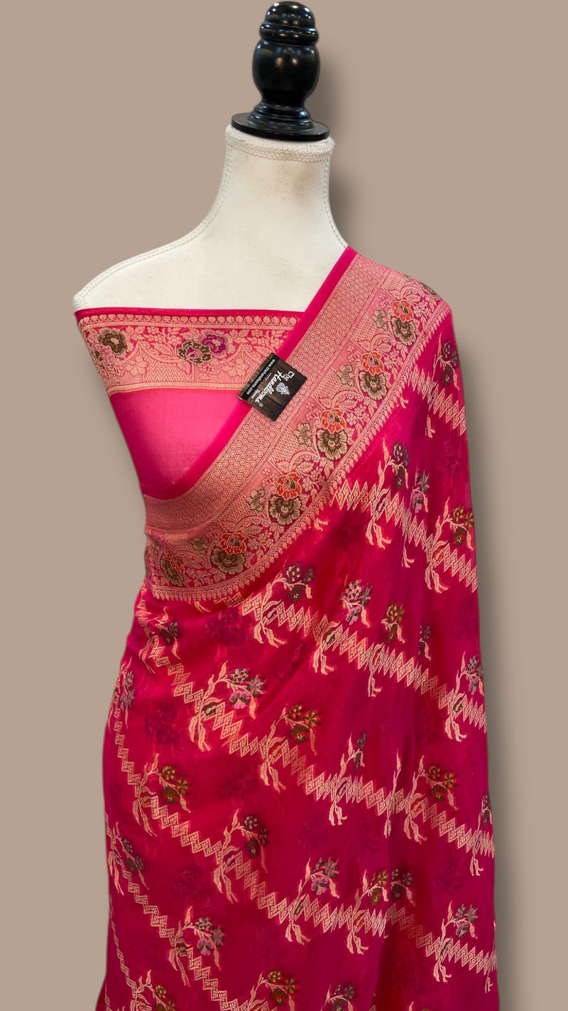 Hot Pink Pure Chiffon Khaddi Banarasi Saree - The Handlooms