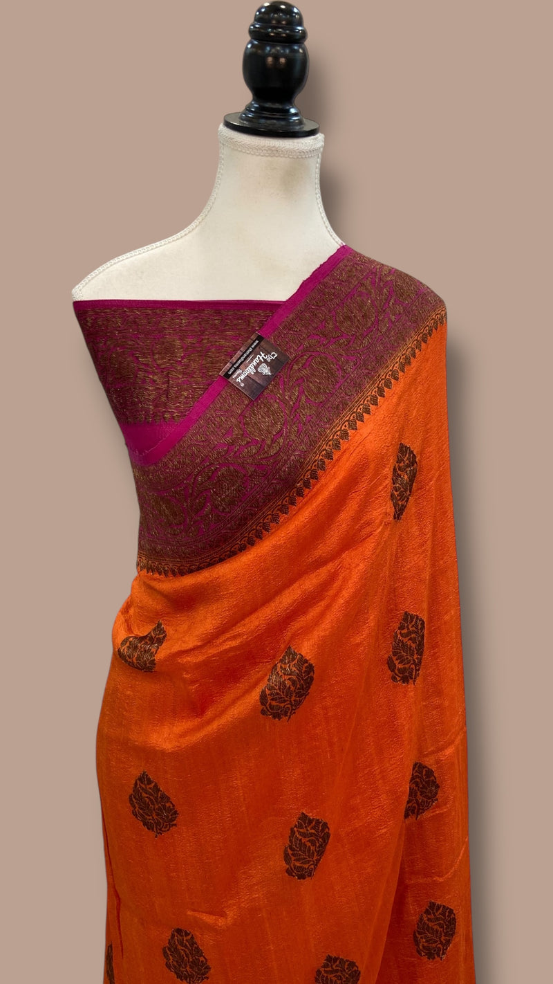 Orange Tussar Georgette Handloom Banarasi Saree - Antique Zari - The Handlooms