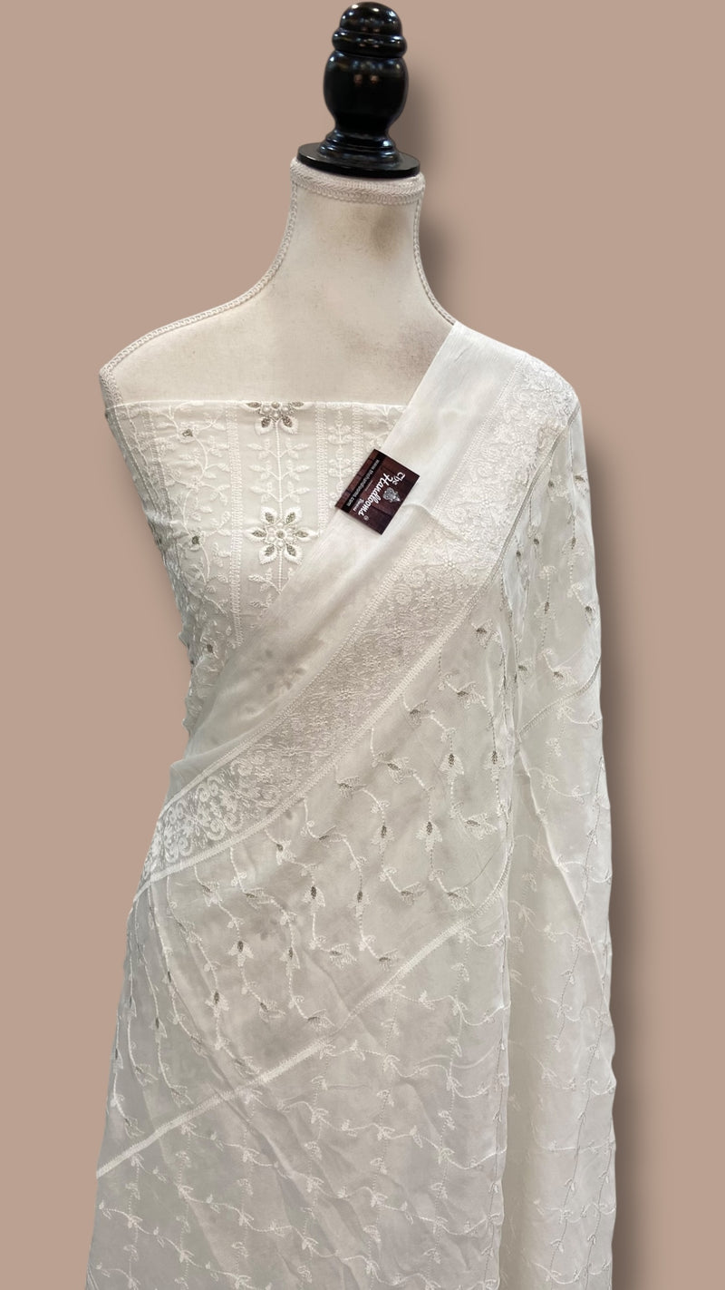 Pure Georgette Banarasi Chikankari Dress Material - The Handlooms