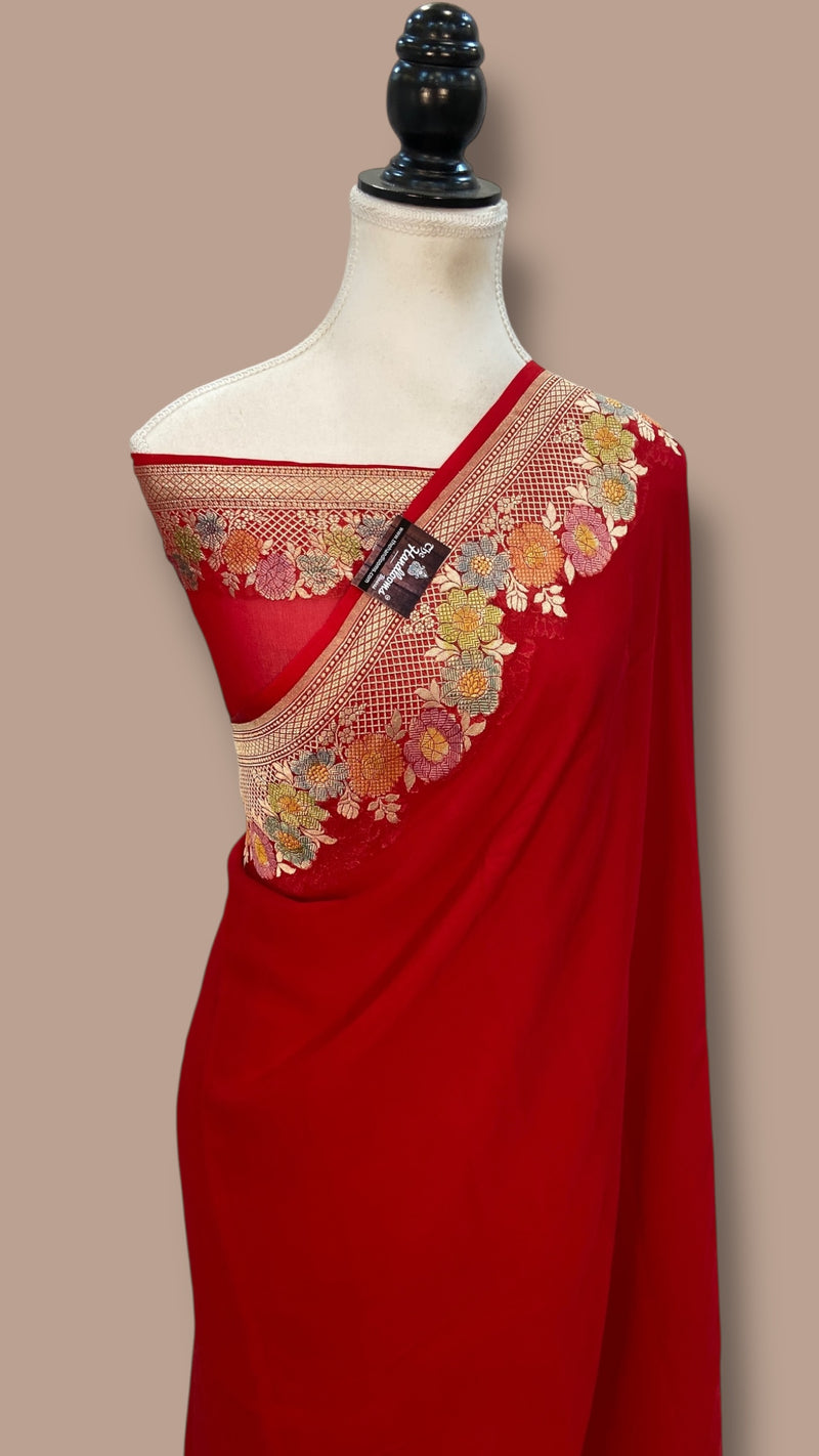 Red Pure Khaddi Georgette Handloom Banarasi Saree with water zari - The Handlooms