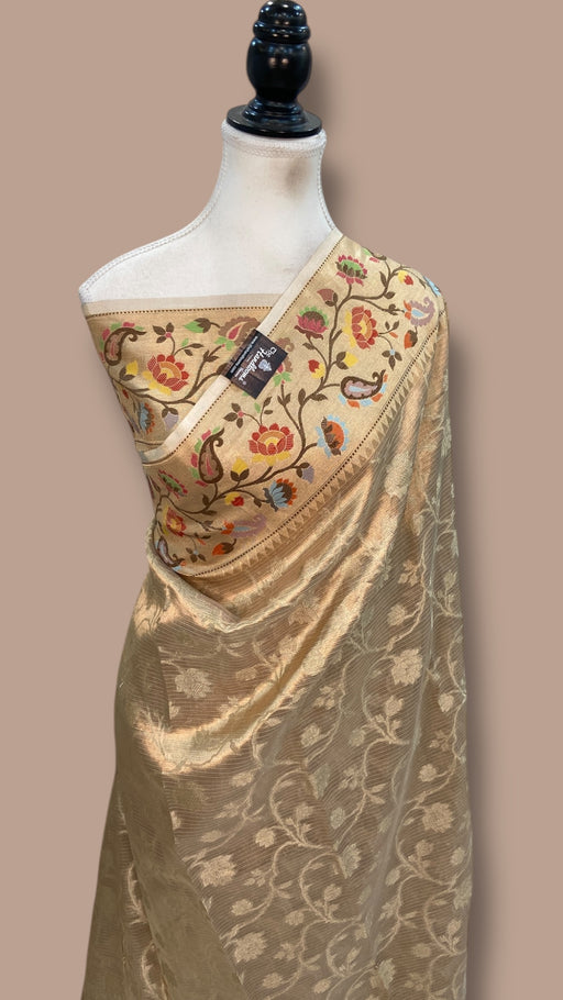 Pure Kora Tissue Handloom Banarasi Saree - Paithani Border - The Handlooms