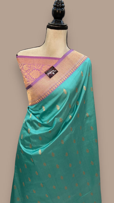 Turquoise Pure Katan Silk Banarasi Handloom Saree - All over Kadua motifs