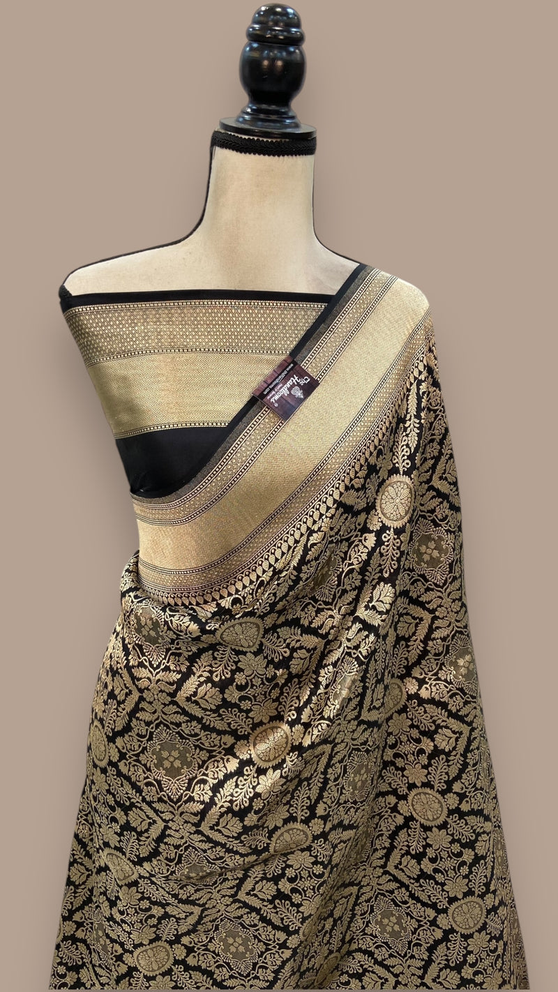 Regal Black  Pure Katan Silk Banarasi Saree – Handwoven Tanchui Brocade - The Handlooms