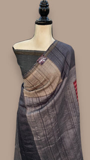 Pure Tussar Silk Handloom Banarasi Saree With Handprints - The Handlooms