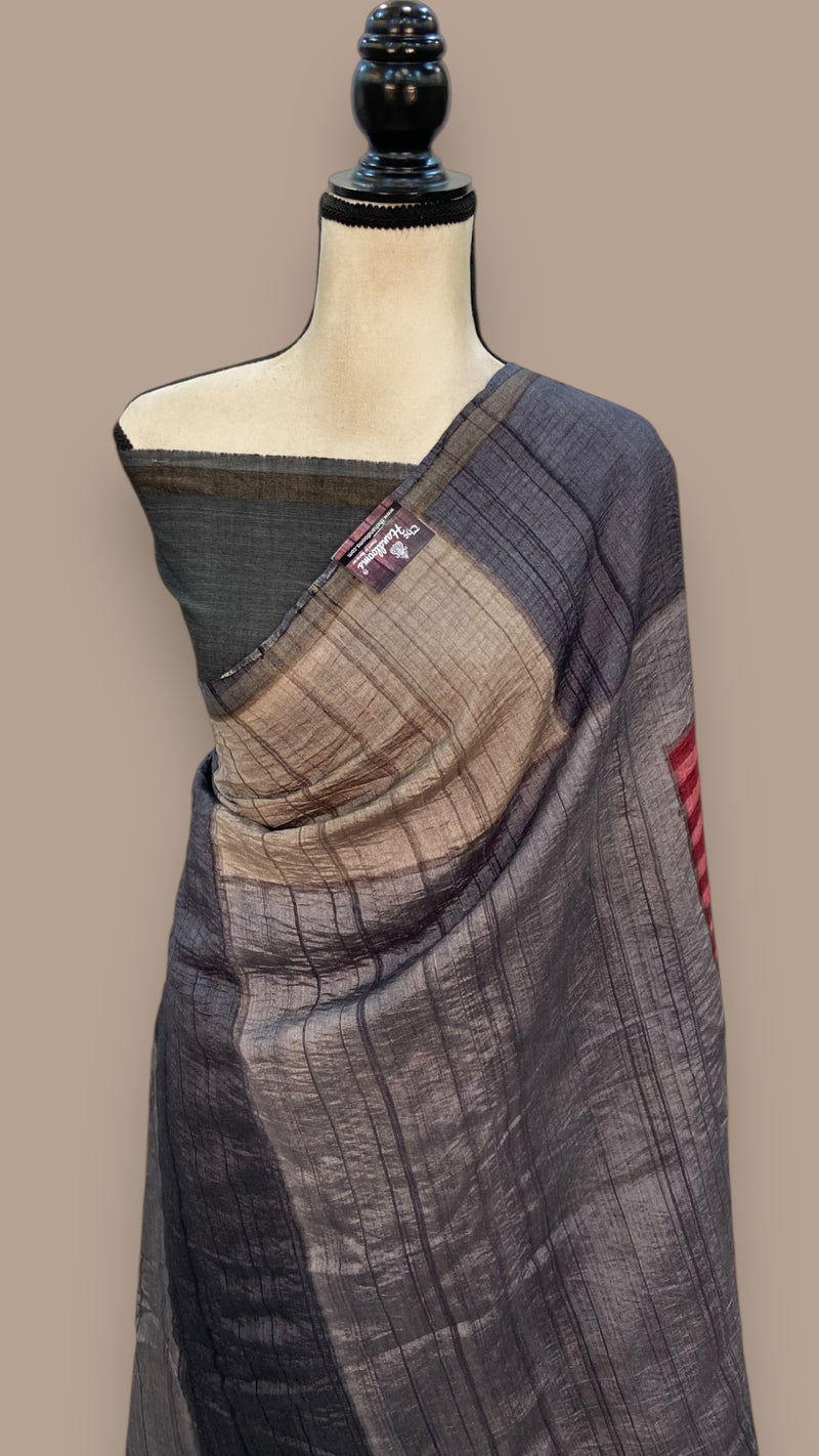 Pure Tussar Silk Handloom Banarasi Saree With Handprints - The Handlooms