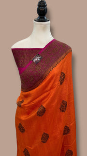 Orange Tussar Georgette Handloom Banarasi Saree - Antique Zari - The Handlooms
