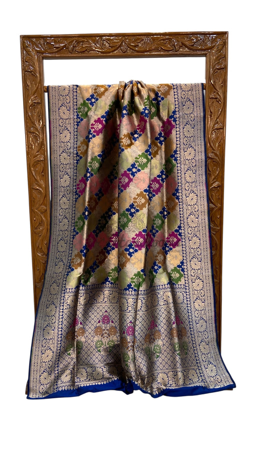 Multicolor Pure Katan Silk Banarasi Handloom Saree - All over Jaal Work With Rangkart - The Handlooms