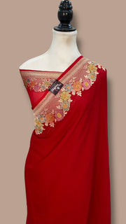 Red Pure Khaddi Georgette Handloom Banarasi Saree with water zari - The Handlooms