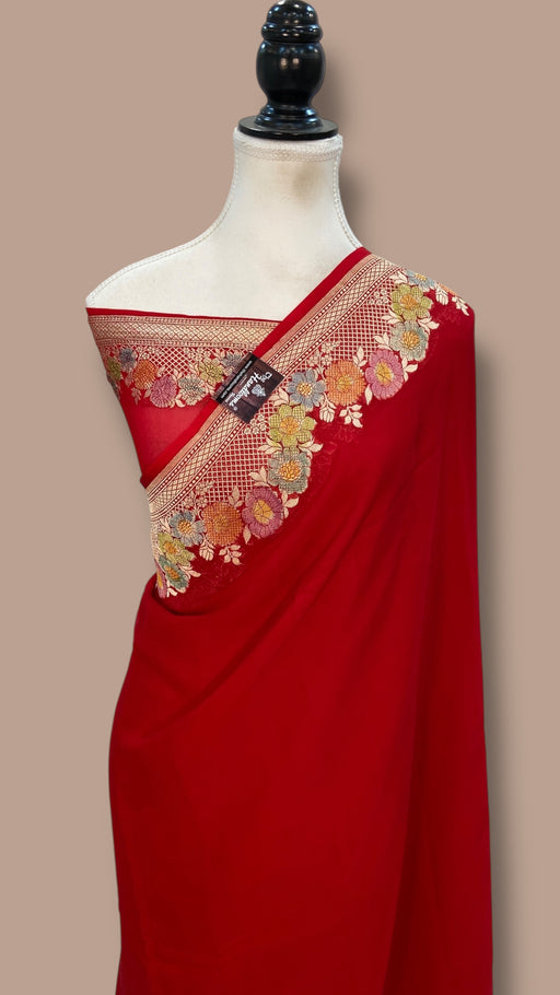 Red Pure Khaddi Georgette Handloom Banarasi Saree with water zari - The Handlooms