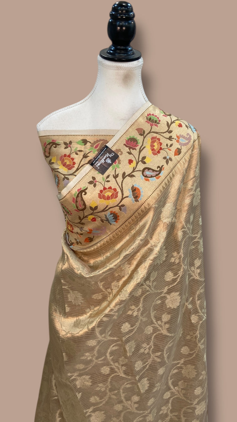 Pure Kora Tissue Handloom Banarasi Saree - Paithani Border - The Handlooms