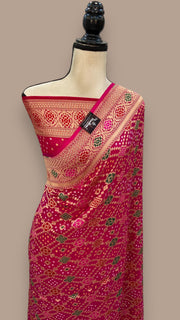 Pure Georgette Banarasi Bandhej Handloom Saree - with meenakari work - The Handlooms
