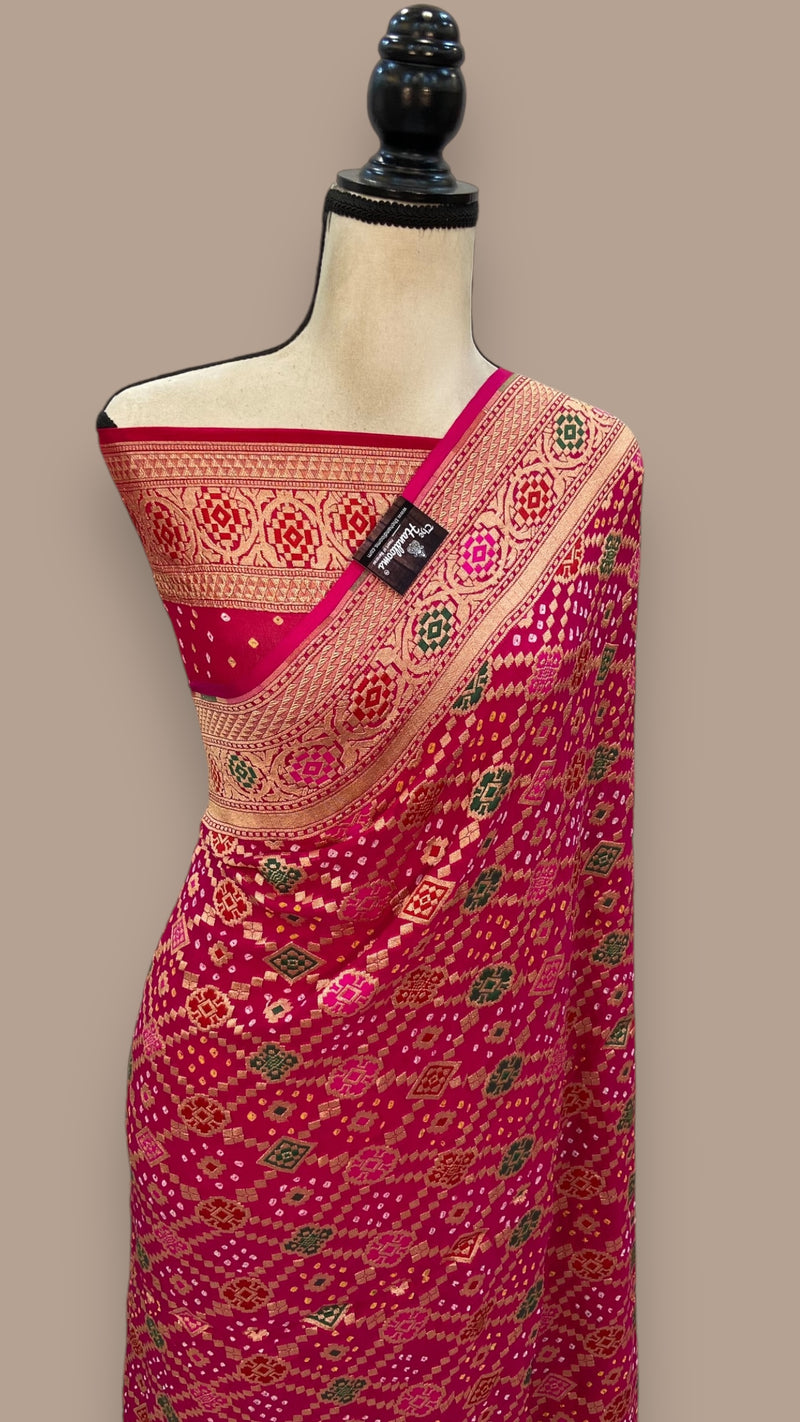 Pure Georgette Banarasi Bandhej Handloom Saree - with meenakari work - The Handlooms