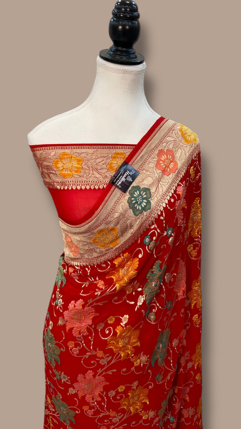 Pure Khaddi Georgette Handloom Banarasi Saree - All over Jaal Work With Meenakari - The Handlooms