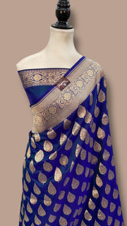 Royal Blue Pure Katan Silk Banarasi Handloom Saree - All over jaal work - The Handlooms