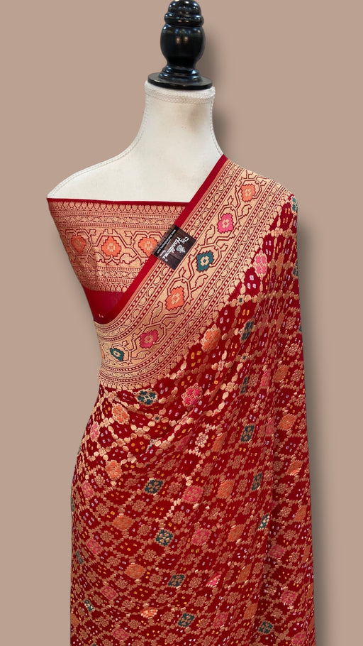 Pure Georgette Banarasi Bandhej Handloom Saree - Meenakari - The Handlooms