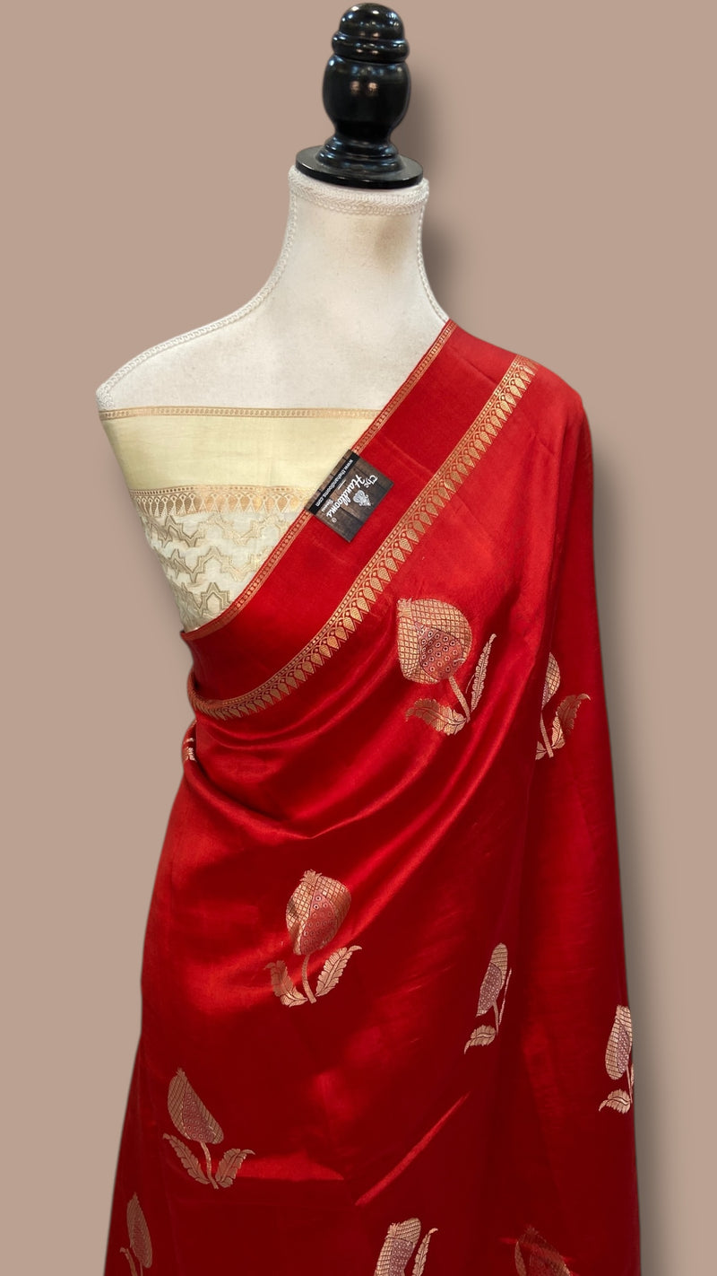 Red Pure Mango Silk Banarasi Handloom Saree - The Handlooms