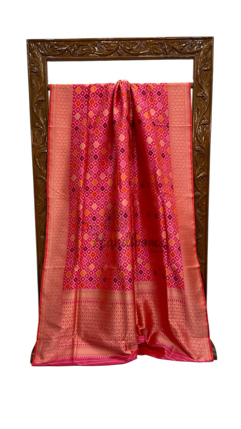 Multicolor Pure Katan Silk Banarasi Handloom Saree - All over Jaal Work With Rangkart