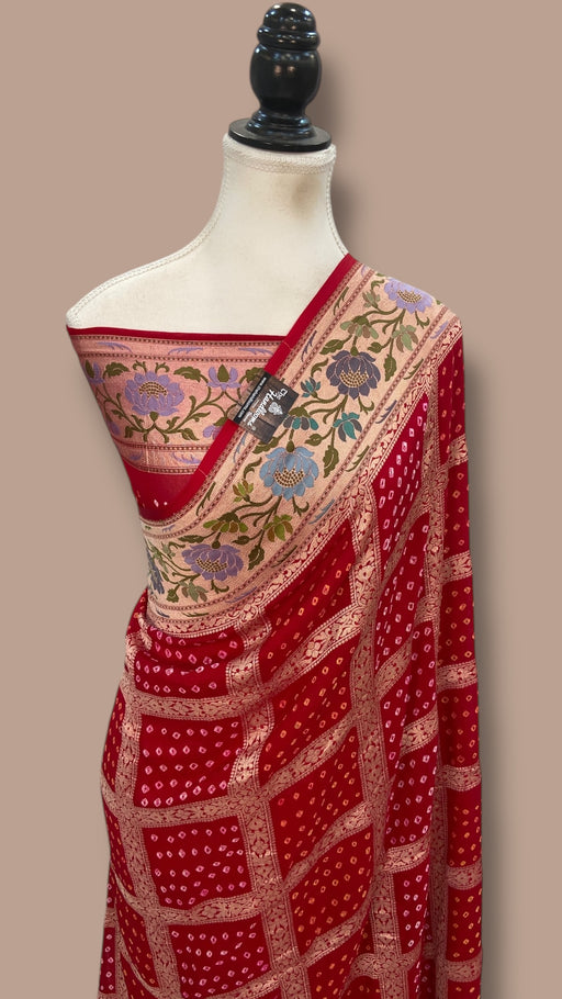 Pure Georgette Banarasi Bandhej Handloom Saree - Meenakari - The Handlooms